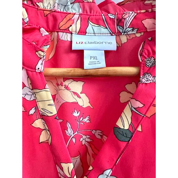 Liz Claiborne Blouse Petite XL Red Teaberry Hawai Floral Ruffle Sleeve  V Neck - Picture 6 of 6